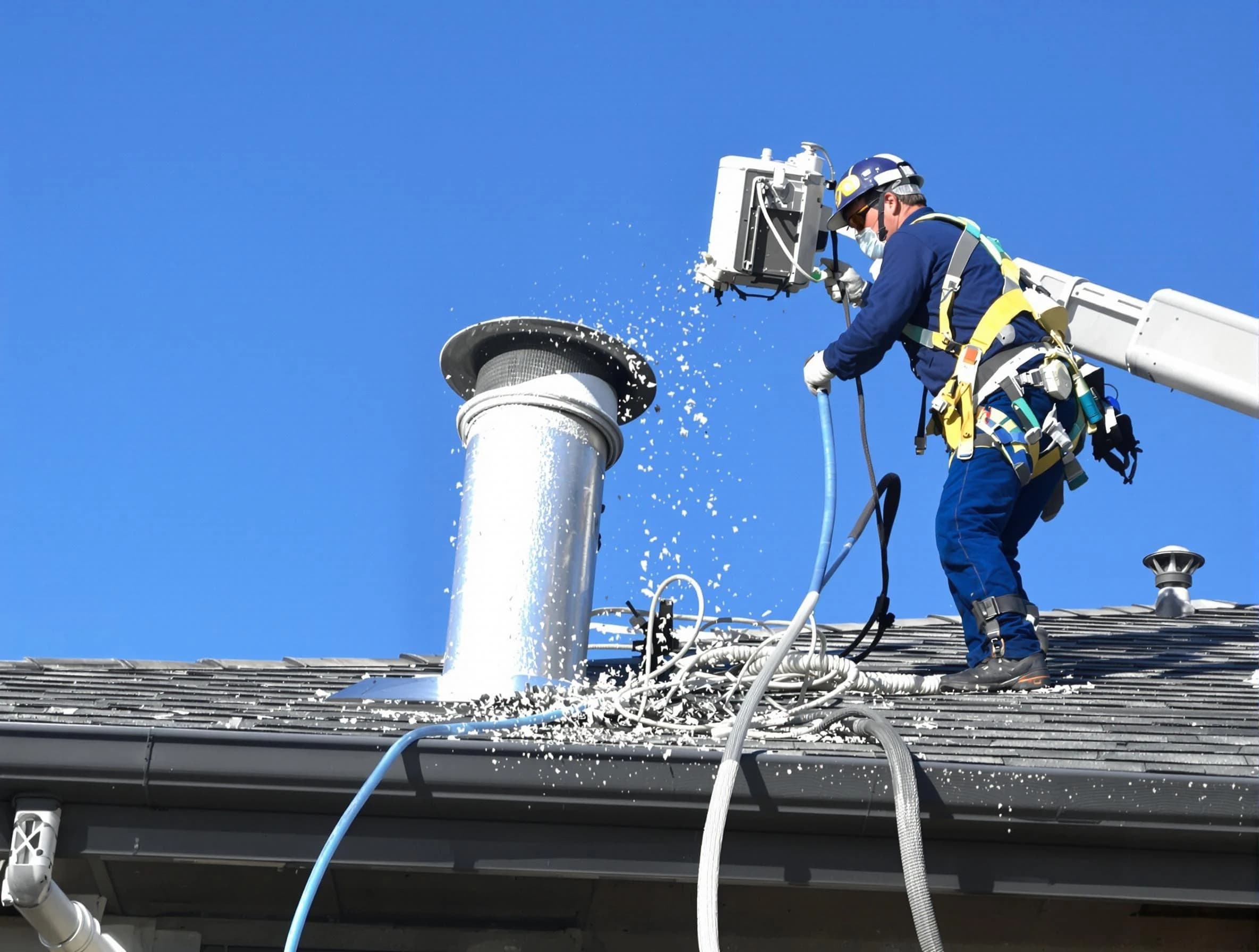 West Deer Dryer Vent Cleaning certified technician safely cleaning a roof-mounted dryer vent in West Deer