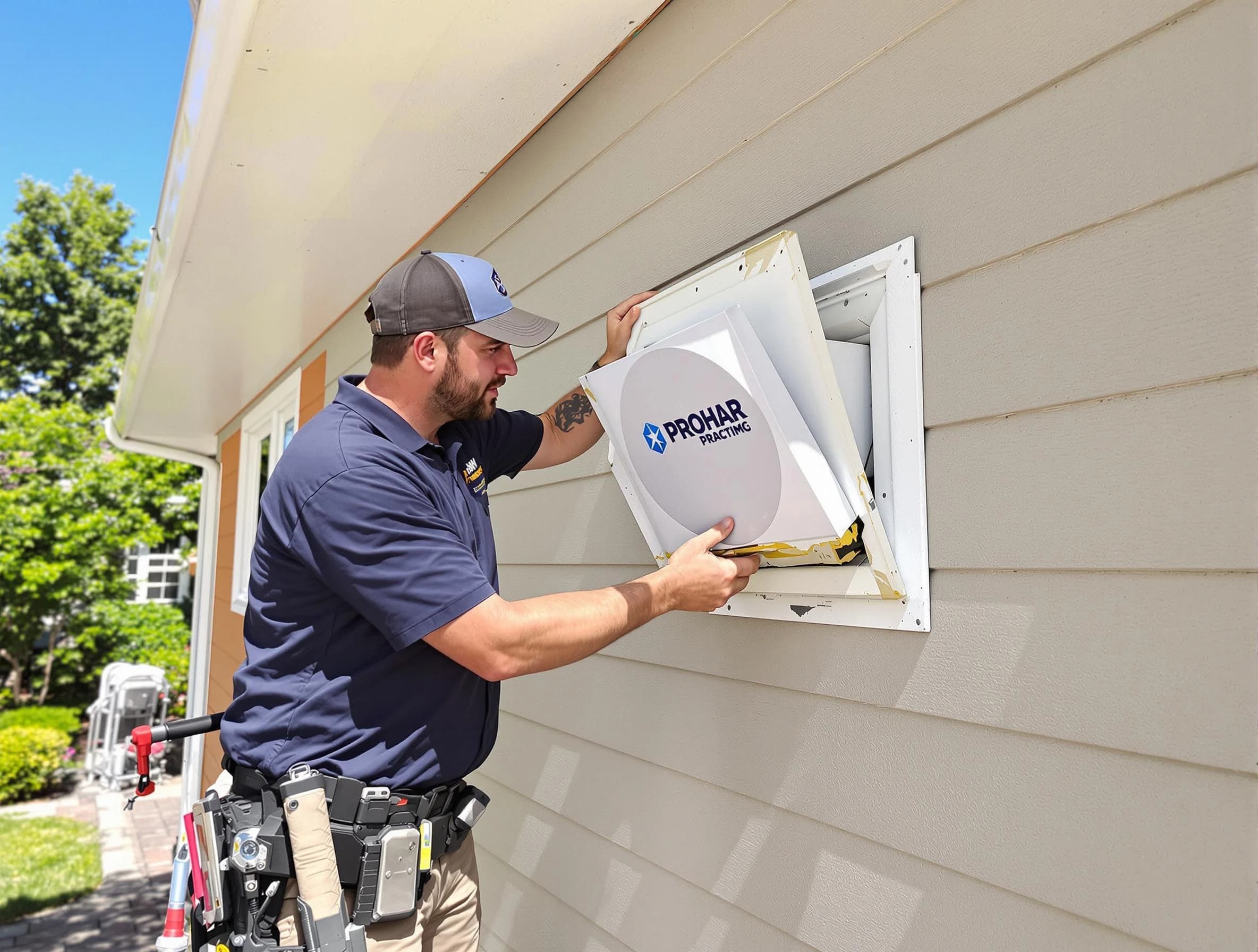 West Deer Dryer Vent Cleaning technician installing a new protective dryer vent cover on a home in West Deer